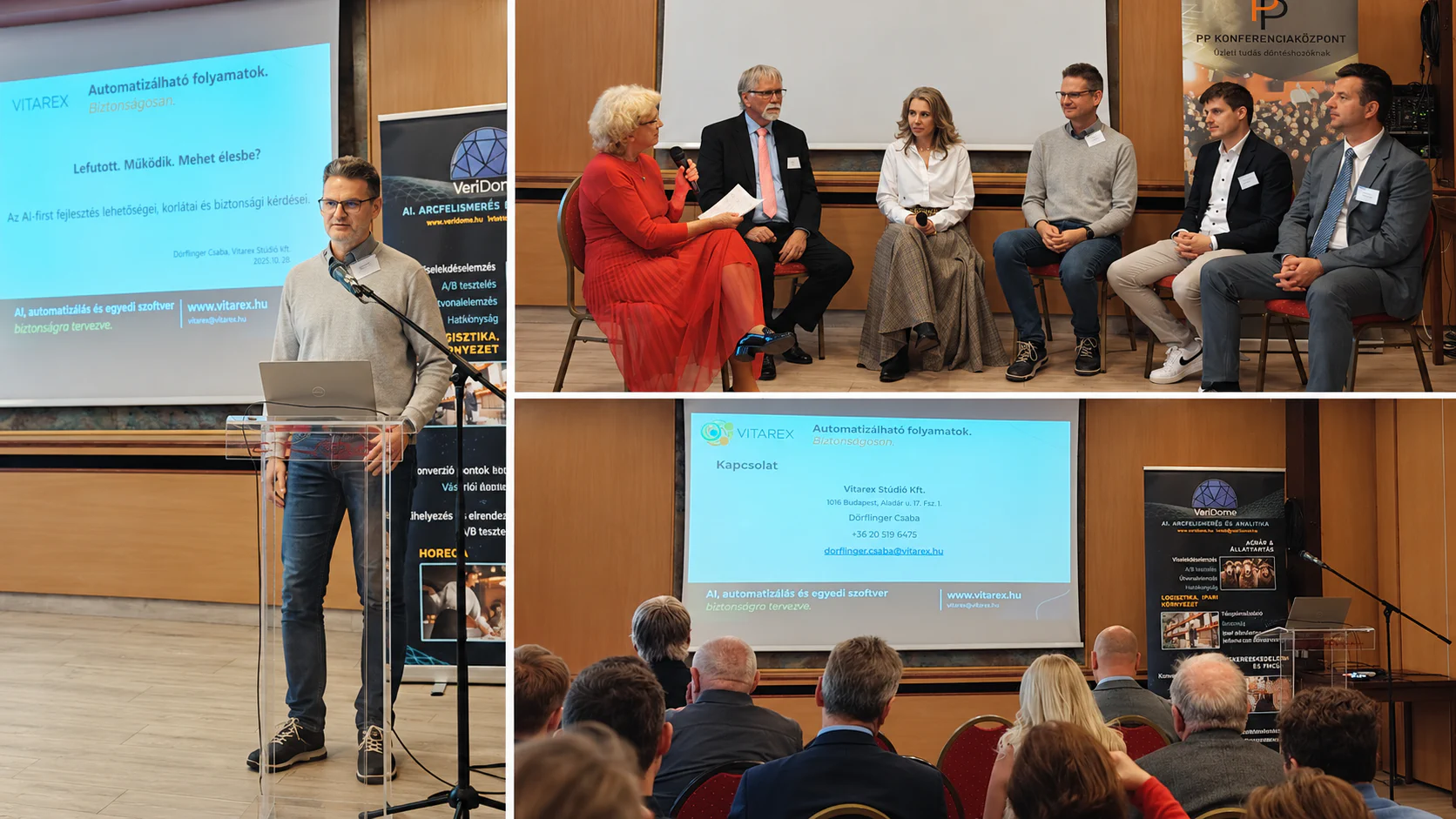 Dörflinger Csaba előadása, a pódiumbeszélgetés résztvevői és a workshop közönsége