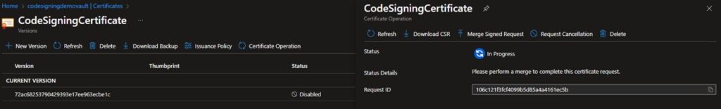 Tanúsítvány merge Key Vault-ba a portálon