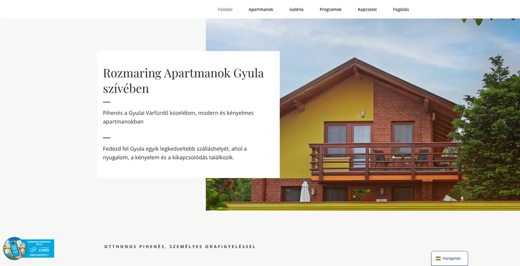 Screenshot of the rozmaringapartman.hu website we built